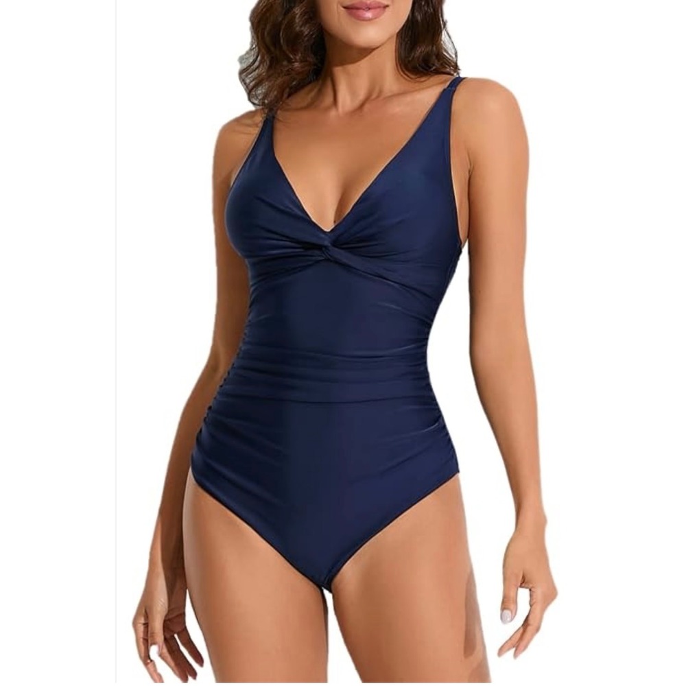 Smismivo Twist Front One Piece Swimsuit Tummy Control Bathing Suit Blue size L